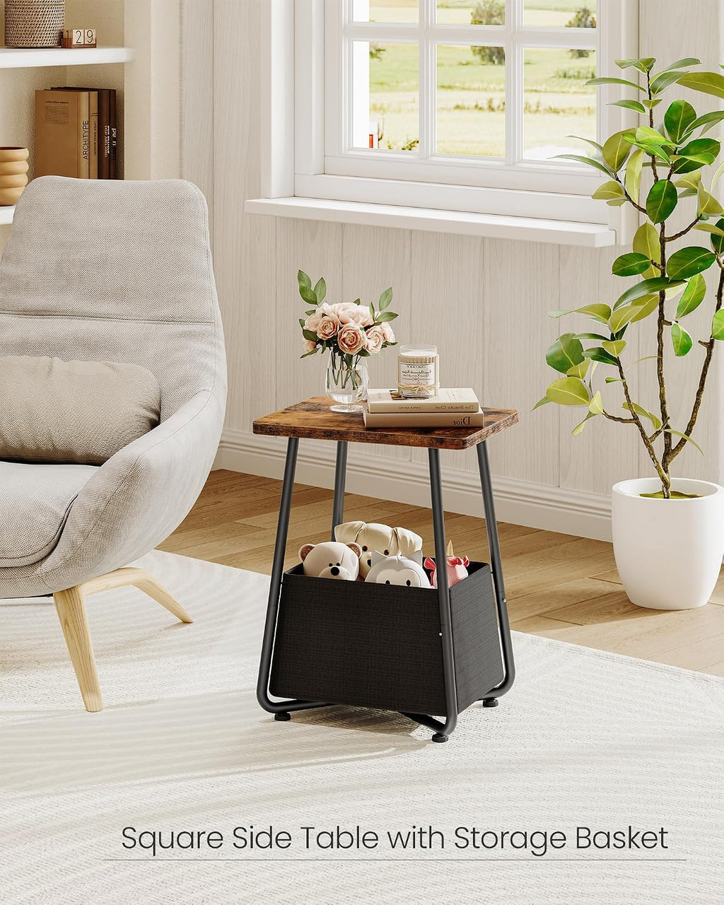CHOEZON Nursery Side Table with Removable Fabric Basket, Small Side Table for Small Spaces, Nursery Nightstand for Couch, Bedroom, Living Room, Rustic Brown TBZ13BF
