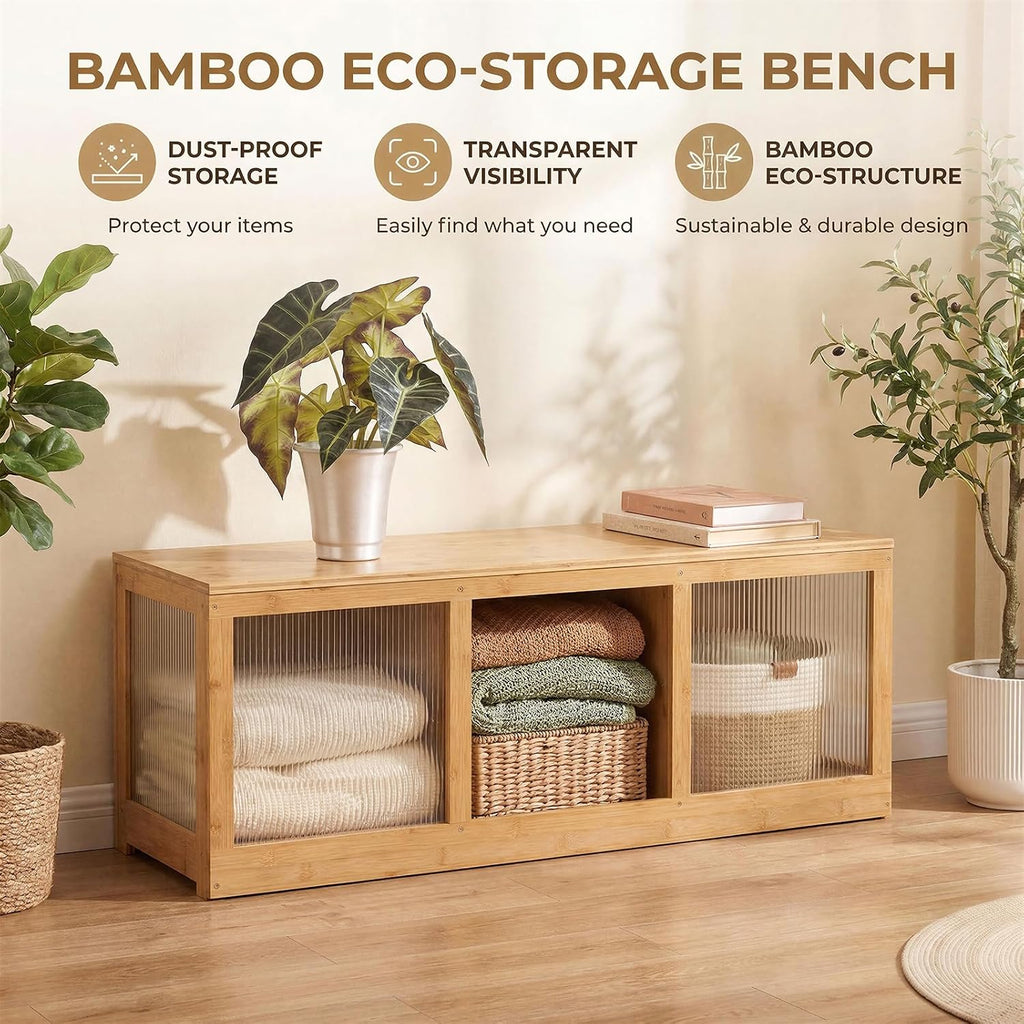 Bamboo Shoe Storage Bench with Acrylic Panels for Entryway | 39 Inch Long; 3 Compartments; Fluted See-Through Doors; Hinged Lid; Divided storage for Blankets, Toys, Bedroom, Living room