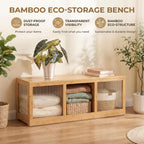 Bamboo Shoe Storage Bench with Acrylic Panels for Entryway | 39 Inch Long; 3 Compartments; Fluted See-Through Doors; Hinged Lid; Divided storage for Blankets, Toys, Bedroom, Living room