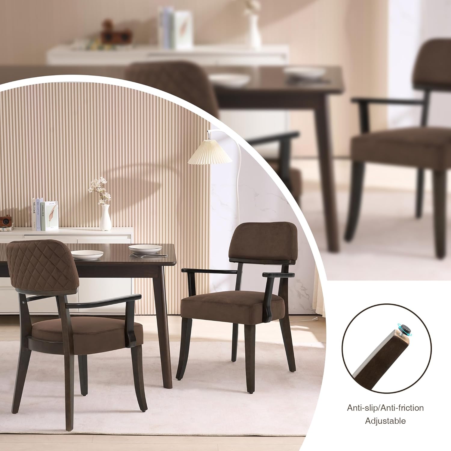 adochr Modern Wood Dining Chairs with Arms, Velvet Upholstered Kitchen Chairs with Open Curved Backrest & Hardwood Legs, Accent Chairs 350 LBS Capacity, Brown