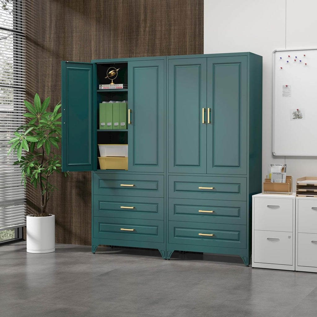 SteeLoong 75" Kitchen Pantry Cabinet with 3 Drawer,Metal Storage Cabinets with Doors and 2 Adjustable Shelves,Green Kitchen Cabinet with 2 Gold Handles,Food Cupboard for Livingroom,Pantry, Bathroom