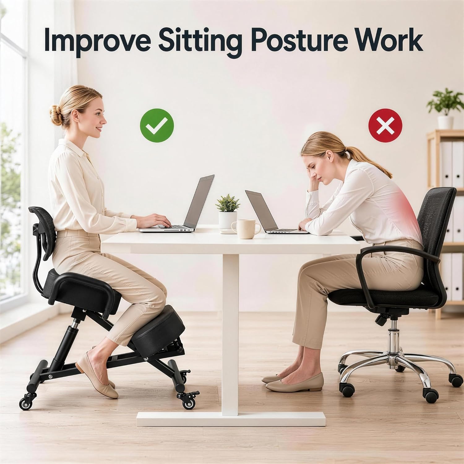 Ergonomic Kneeling Chair with Back Support, Height Adjustable Office Stool, Thick Memory Foam Cushions, Brake Casters Desk Chair for Home Office, Posture Correcting Kneeling Stool for Back Pain Relief