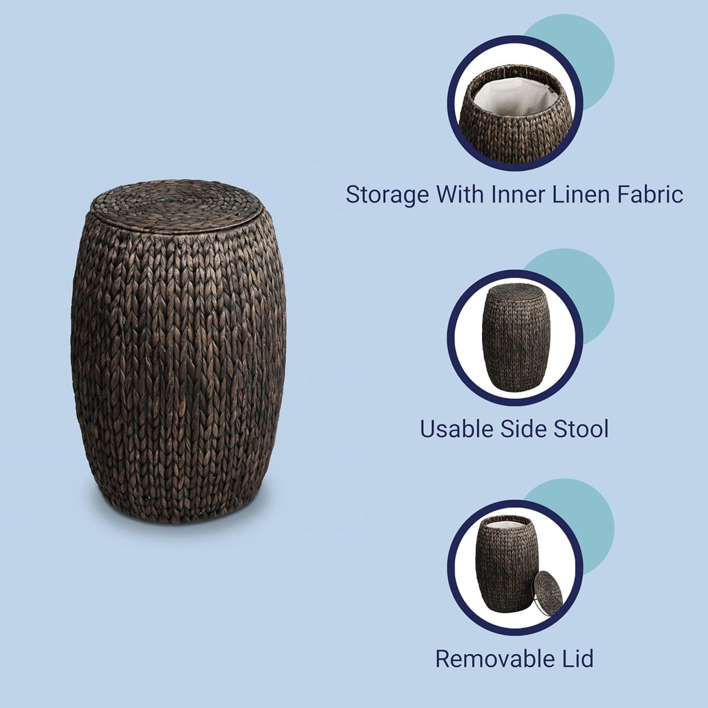 happimess SSL1001C Colt 21.06" Coastal Bohemian Handwoven Hyacinth Barrel Wicker Storage Basket with Lid End Table, Side Table for Decoration in Bathroom, Bedroom, Living Room, Black