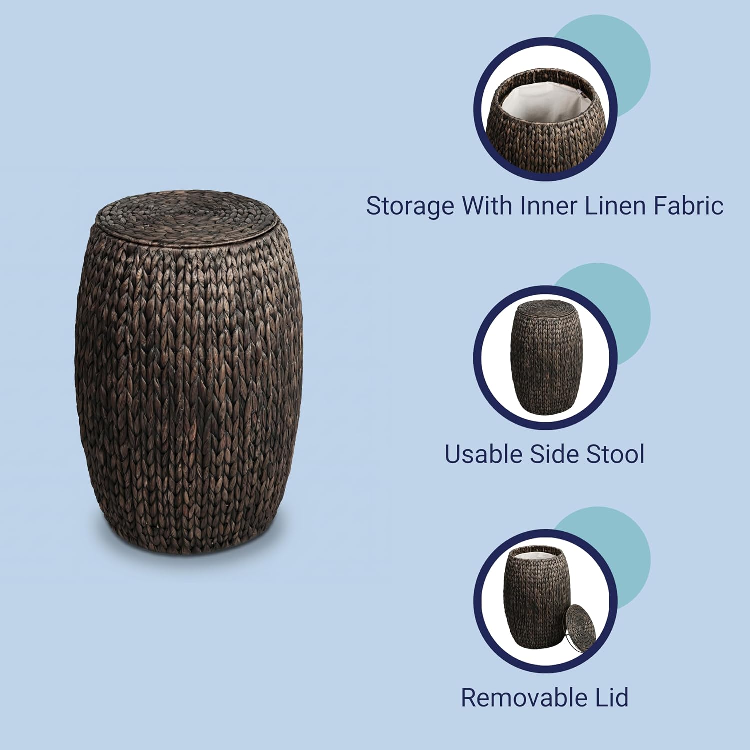 happimess SSL1001C Colt 21.06" Coastal Bohemian Handwoven Hyacinth Barrel Wicker Storage Basket with Lid End Table, Side Table for Decoration in Bathroom, Bedroom, Living Room, Black