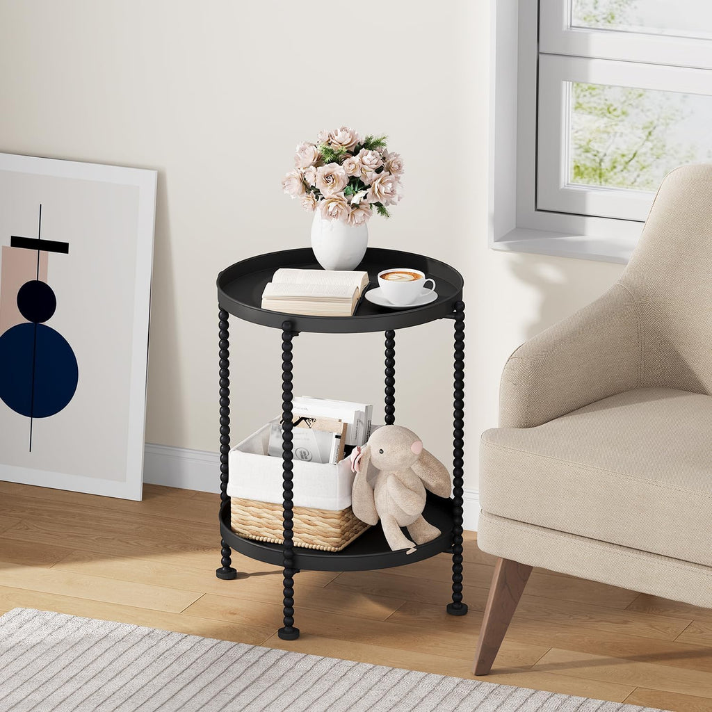 YINMIT 2 Tier End Table,Outdoor Metal Round Side Table,Waterproof Sofa Coffee Side Tables,Bedside Nightstand for Living Room, Bedroom, Office, Balcony