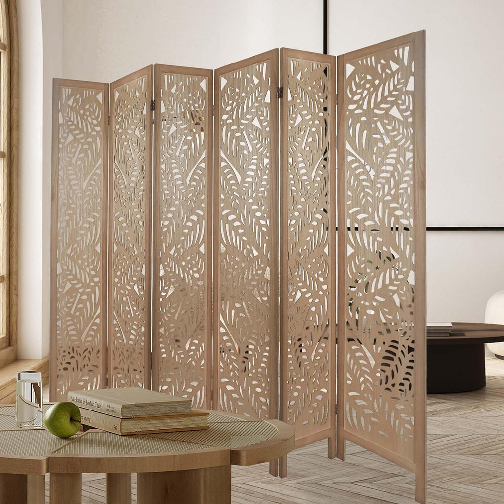 6 Panel Leaf-Carved Room Divider, 67 Inch Bohemian Folding Privacy Screen, Natural Wood Room Divider for Room Separation, Decorative Room Partition for Home, Office, Bedroom