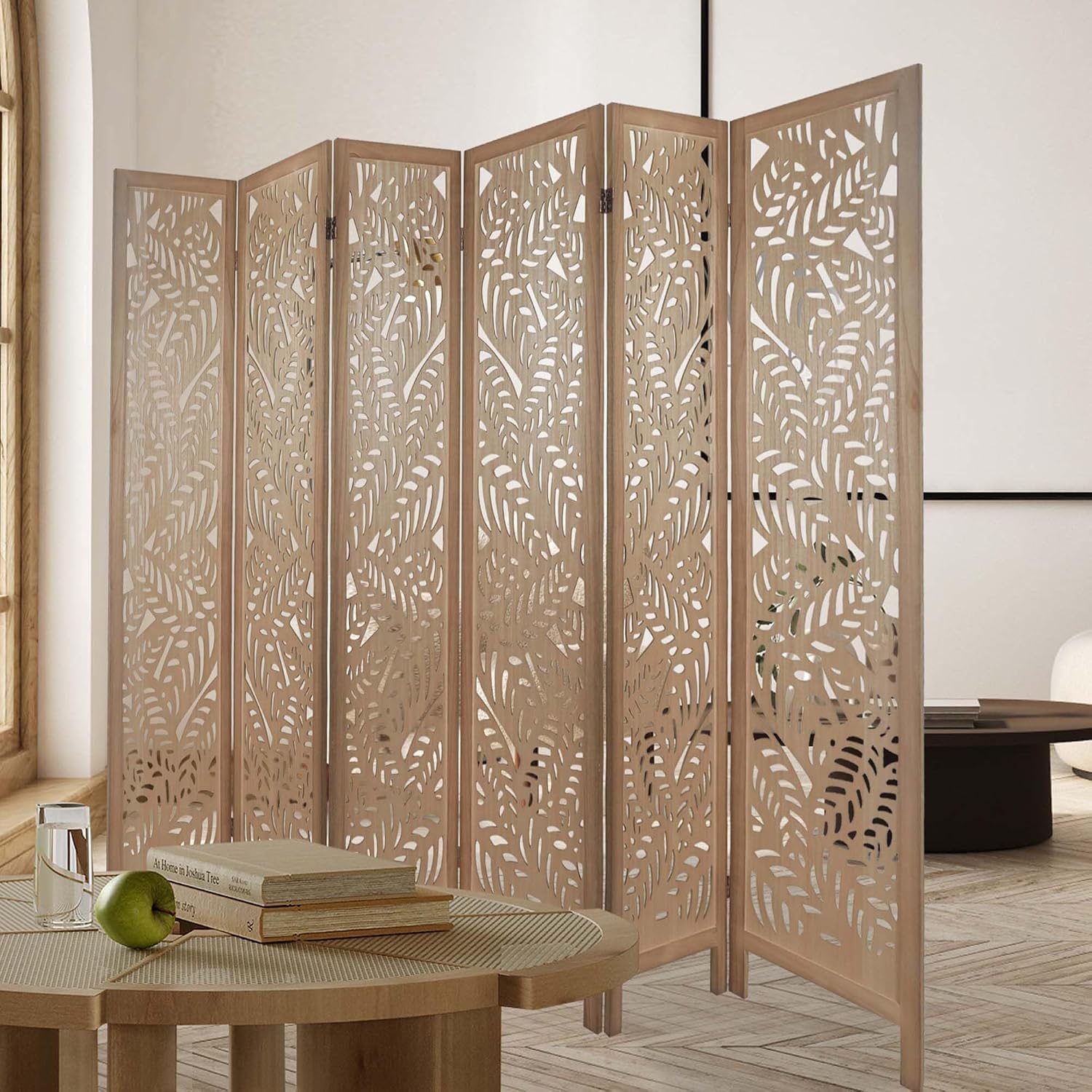 6 Panel Leaf-Carved Room Divider, 67 Inch Bohemian Folding Privacy Screen, Natural Wood Room Divider for Room Separation, Decorative Room Partition for Home, Office, Bedroom