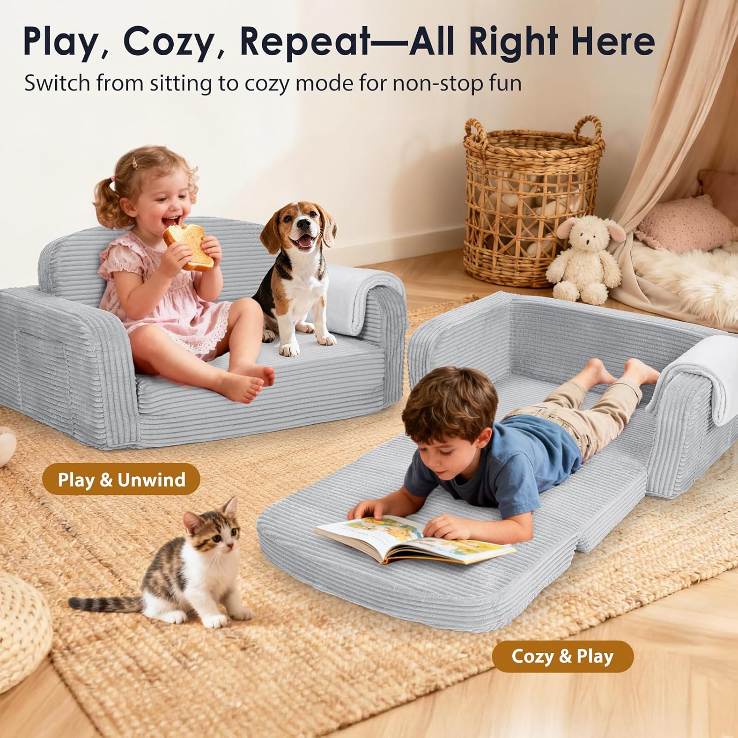 Foryoomi Extra Wide 2 in 1 Convertible Toddler Kids Couch - Corduroy Fold Out Kids Sofa Chair with Blanket, Comfy Comfortable Toddler Chair, Machine-Washable Cover, for Boys Girls, Grey