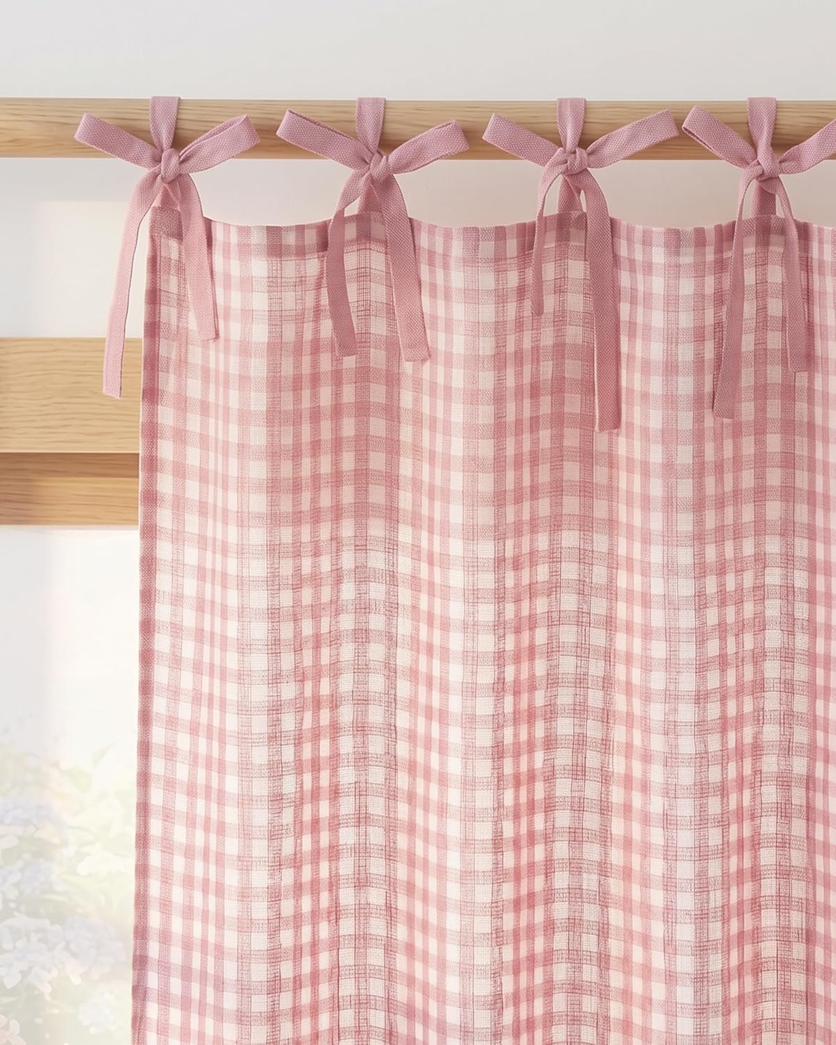 NICETOWN Rose Pink Plaid Curtains for Nursery, Tie Top Bow Knot Checkered Girls Room Window Treatments, Coquette Room Decor Semi Sheer Light Filtering Living Room Drapes, W52 x L84, 2 Panels
