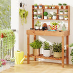 Giantex Potting Bench, Outside Solid Wood Potting Table with Flip-up Tabletop, Shelves, Indoor Outdoor Wooden Workbench for Patio Porch Balcony, Potted Plant Display Rack, 42"x18"x60", Brown