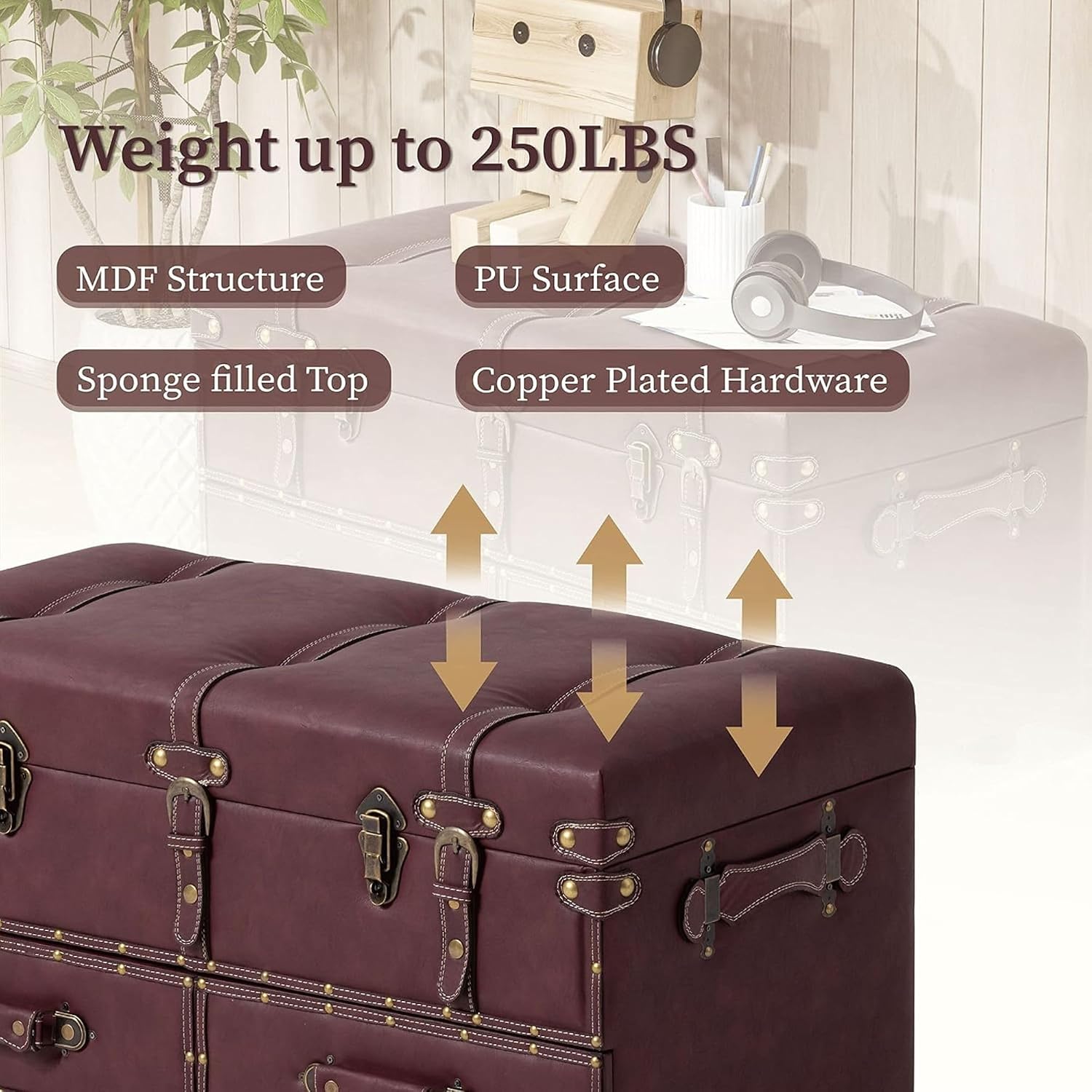 COZAYH Set of 2 Vintage Mid-Century Storage Ottoman Bench - Upholstered Padded Chest for Entryway, Bedroom, Living Room - Dark Magenta