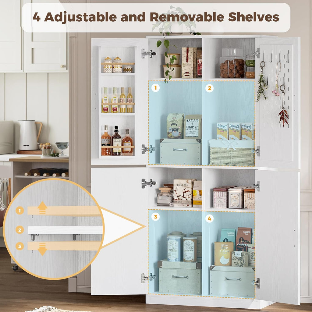 IRONCK 71" Kitchen Pantry Storage Cabinet with Storage Rack, Pegboard Doors, 4 Adjustable Shelves, Food Pantry Cabinet, Freestanding Tall Cupboard for Dining Room, Kitchen, White