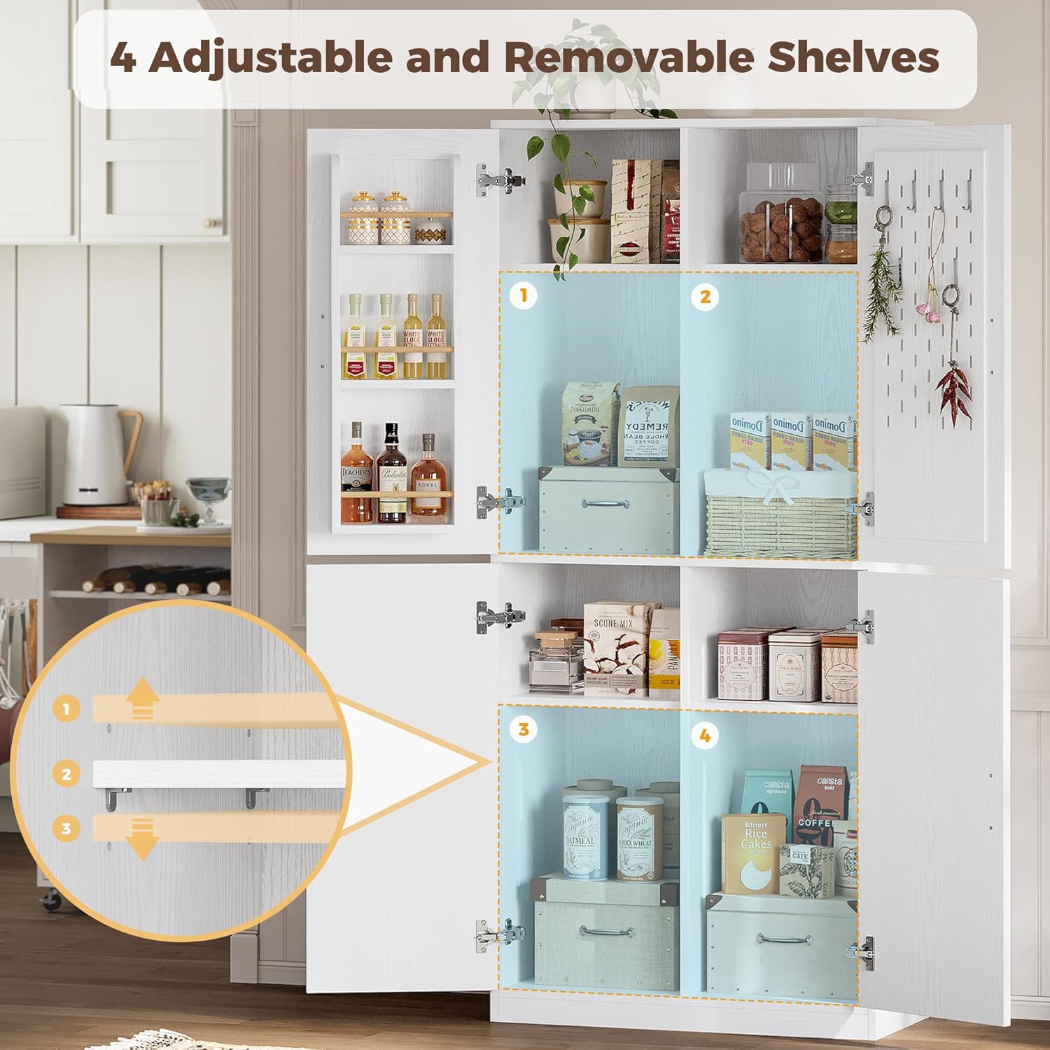 IRONCK 71" Kitchen Pantry Storage Cabinet with Storage Rack, Pegboard Doors, 4 Adjustable Shelves, Food Pantry Cabinet, Freestanding Tall Cupboard for Dining Room, Kitchen, White
