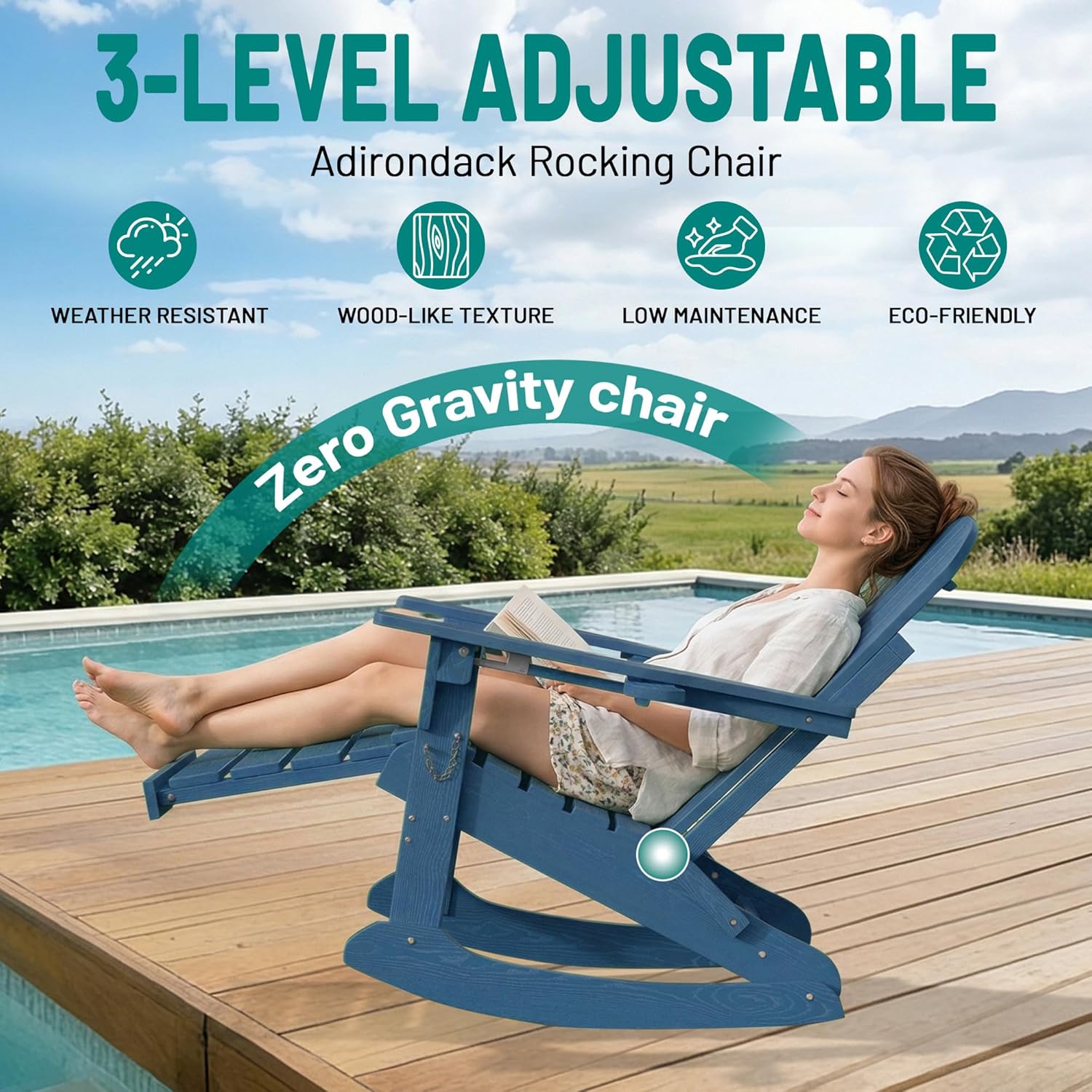 PLUUV Folding Adjustable Adirondack Rocking Chair Set of 2 with Retractable Ottoman and Cup Holders, Outdoor HDPE Adirondack Rocker Patio Chair, Wood-Like Reclining Adirondack Chair, Navy