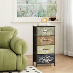 Tohomeor Vintage Floral Narrow 4 Drawers Dresser Nightstand Side Table | Retro Boho Dresser Fabric Drawers for Closet Living Room Bedroom Dorm Convenient Storage Organizer Botanical