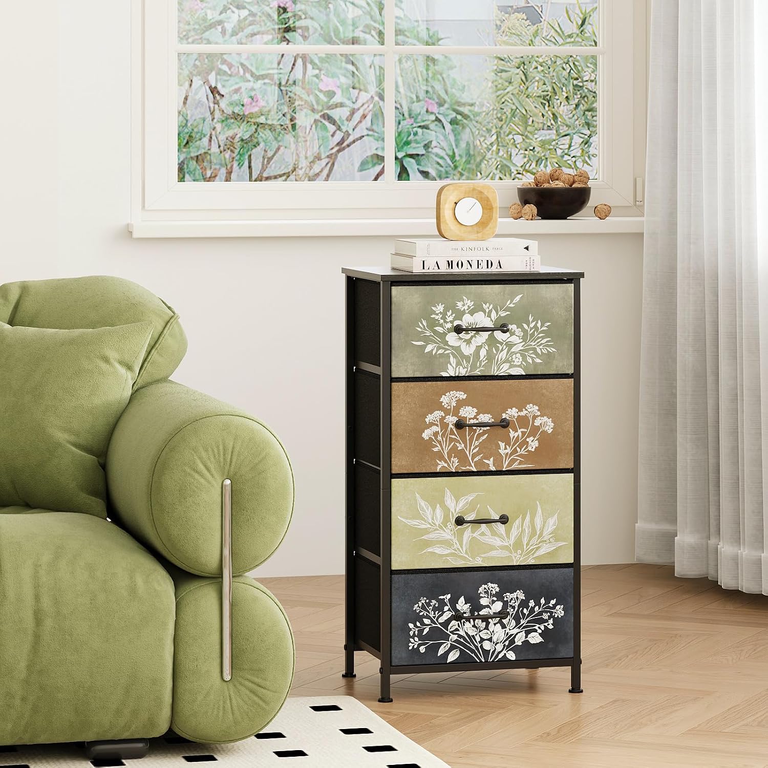 Tohomeor Vintage Floral Narrow 4 Drawers Dresser Nightstand Side Table | Retro Boho Dresser Fabric Drawers for Closet Living Room Bedroom Dorm Convenient Storage Organizer Botanical