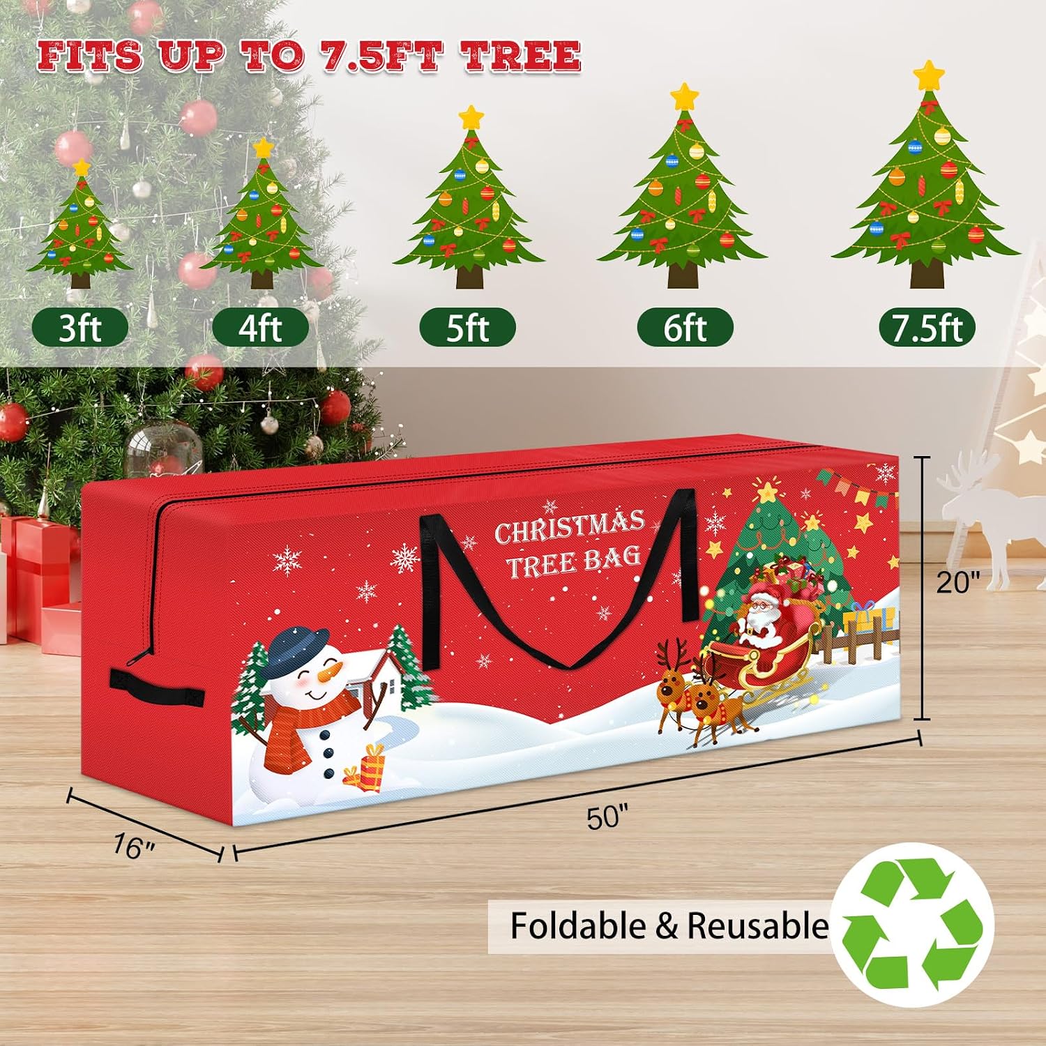 Christmas Tree Storage Bag 7.5 Ft Large Christmas Tree Bag with Reinforced Handles & Dual Zippers Wide Opening, Heavy Duty Oxford Fabric Xmas Ornament Storage Box Protects From Moisture, Dust (Red)