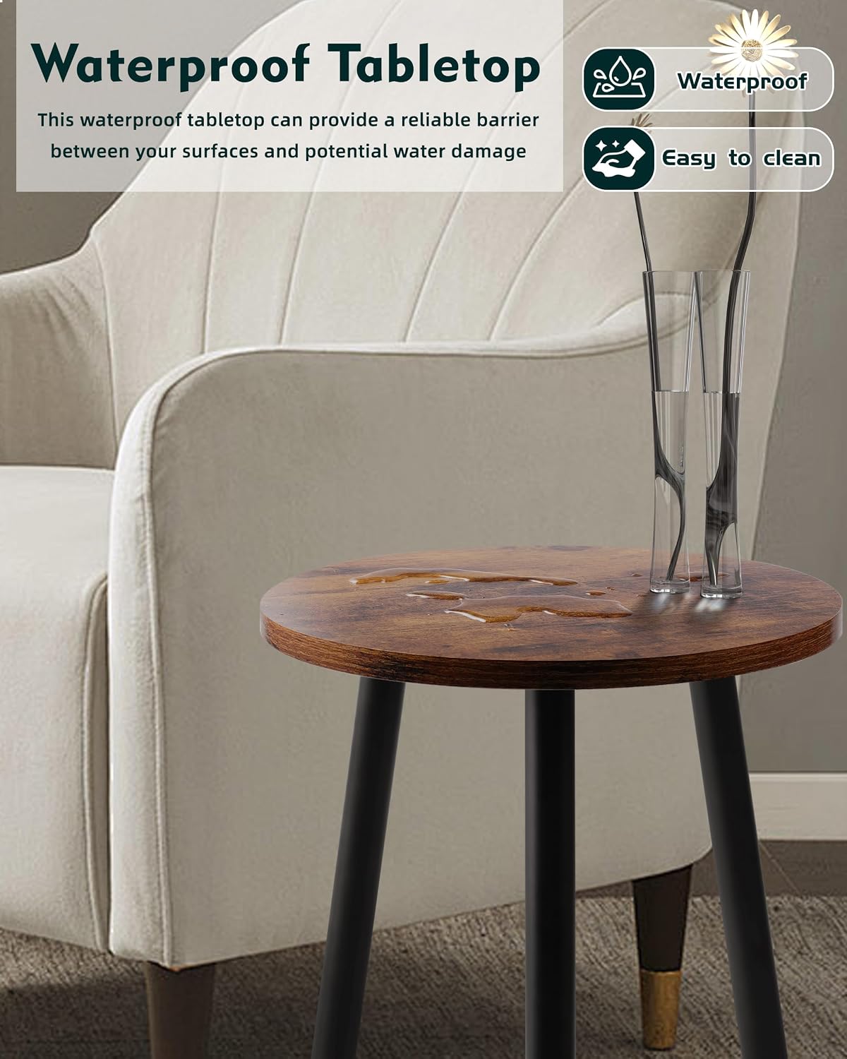 16 Inch Round Wood Walut End Table, Small Stable Side Table for Nightstand Living Room Bedroom Sofa Couch Corner, 2pcs