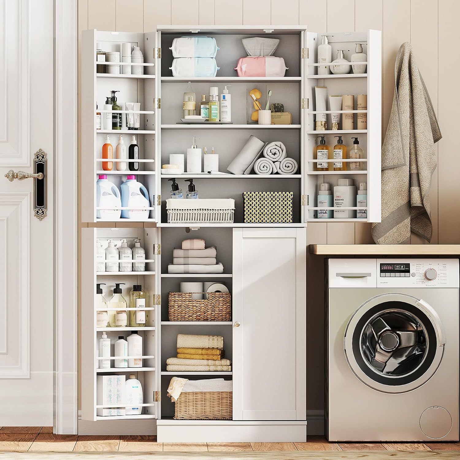 65.5" Kitchen Pantry Cabinet, Freestanding Storage Cabinet with Doors and Adjustable Shelves, 16-Tier Door Shelves with Baffle, Wooden Buffet Cupboard for Dining Room Living Room (White)