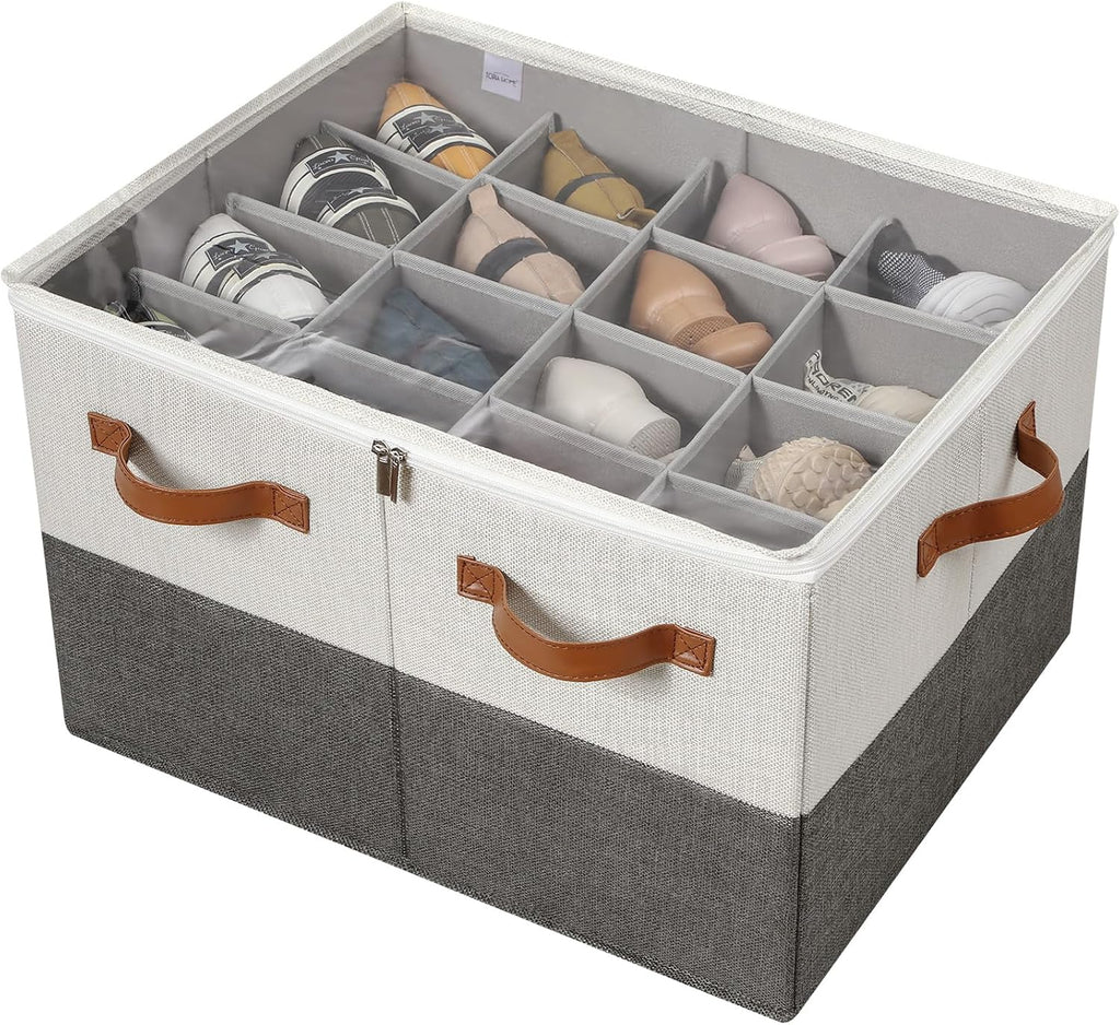 TOPIA HOME Shoe Organizer for Closet, Foldable Shoe Box with Adjustable Dividers and Clear Cover, Space Saving Shoe Storage Organizer Cabinet with Reinforced Handles, Fits 16 Pairs TP09WG