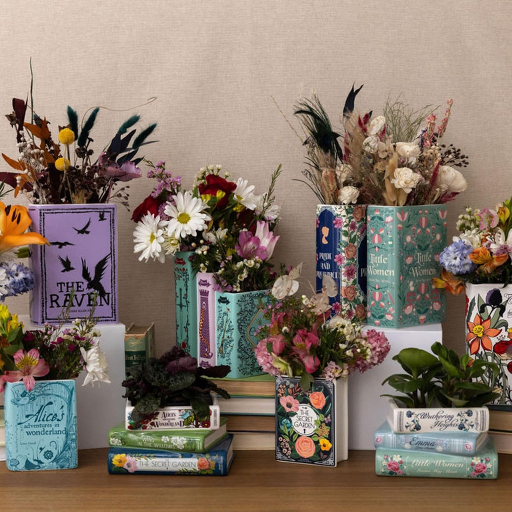 Steel Mill & Co Original Triple Book-Shaped Decorative Vase, Tiered Ceramic Bookshelf Decor, Unique Flower Holder for Book Lovers, Grimm's Fairy Tales