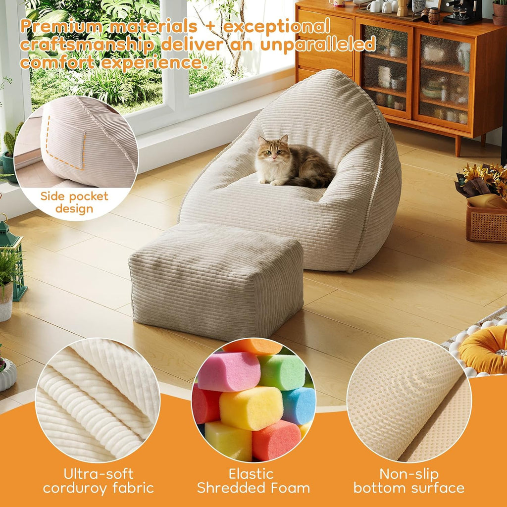 Cloud Large Bean Bag Chair with Ottoman, Corduroy Fabric+35D Memory Foam Big Beanbag Chair for Adults,Lounger Chairs Sofa Boneless Puff Chair for Living Room (Beige) (Beige, Clouds)