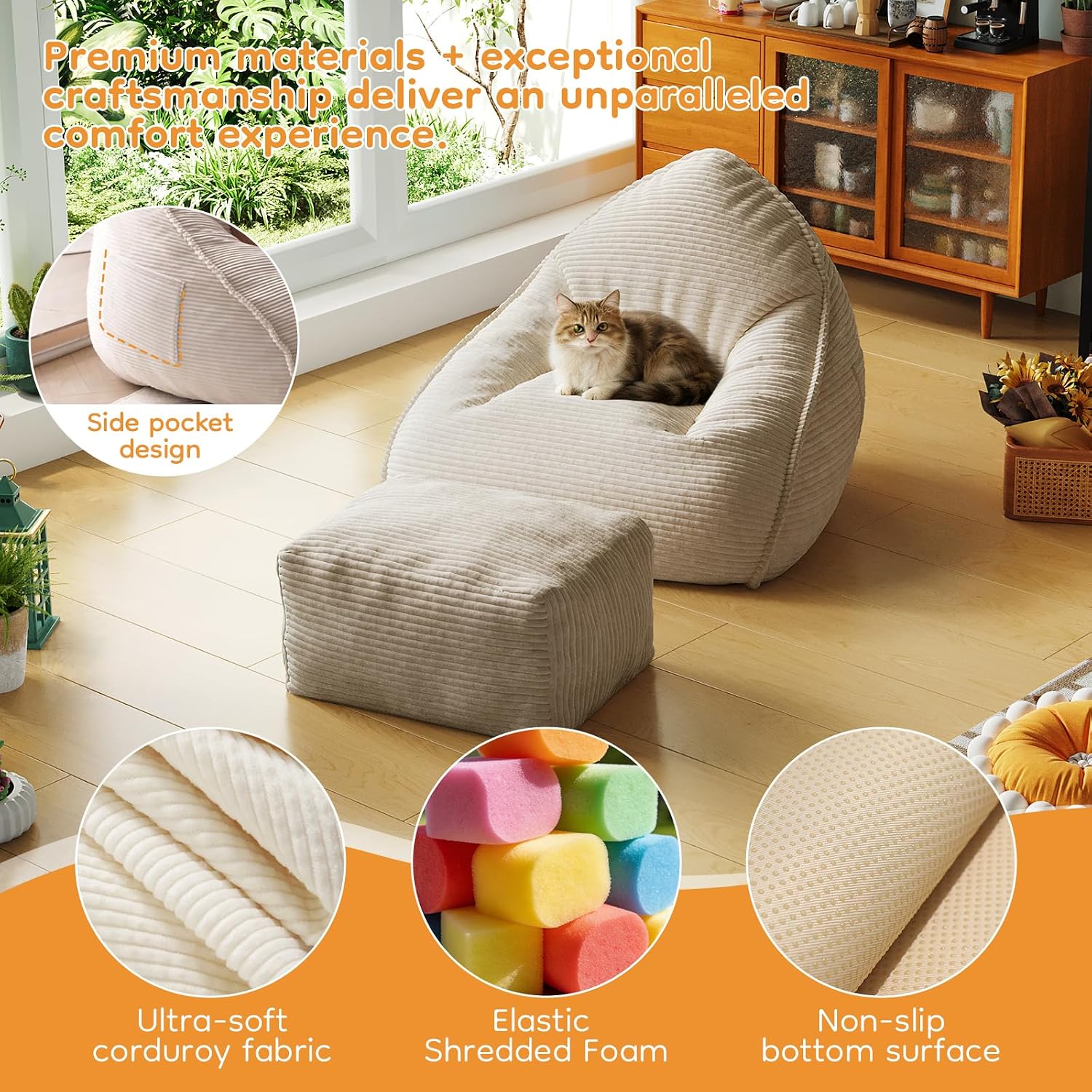 Cloud Large Bean Bag Chair with Ottoman, Corduroy Fabric+35D Memory Foam Big Beanbag Chair for Adults,Lounger Chairs Sofa Boneless Puff Chair for Living Room (Beige) (Beige, Clouds)