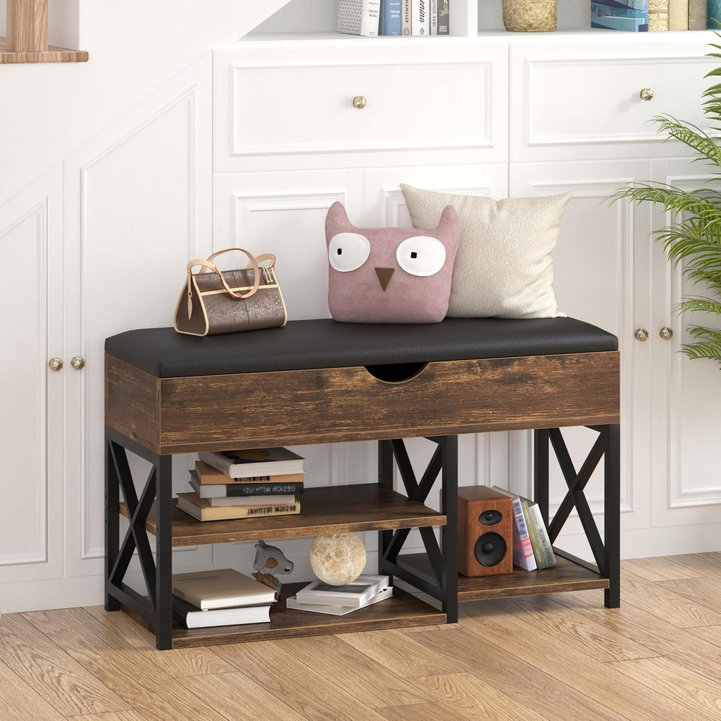 Shoe Rack Bench with Lift Top Hidden Storage, Mid-Century Modern Entryway Bench with Shoe Storage Leather Cushion, Adjustable Shelf, Wood Shoe Organizer for Bedroom, Living Room, Closet, Brown