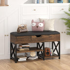 Shoe Rack Bench with Lift Top Hidden Storage, Mid-Century Modern Entryway Bench with Shoe Storage Leather Cushion, Adjustable Shelf, Wood Shoe Organizer for Bedroom, Living Room, Closet, Brown