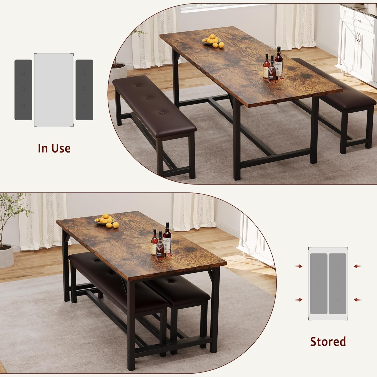 IDEALHOUSE 3 Piece Dining Table Set for 4-6, 63" Extendable Thick Metal Frame Kitchen Table with 2 Upholstered Benches Set for 6, Rectangle Wooden Dinette Table Set for Dining, Apartment, Retro Brown