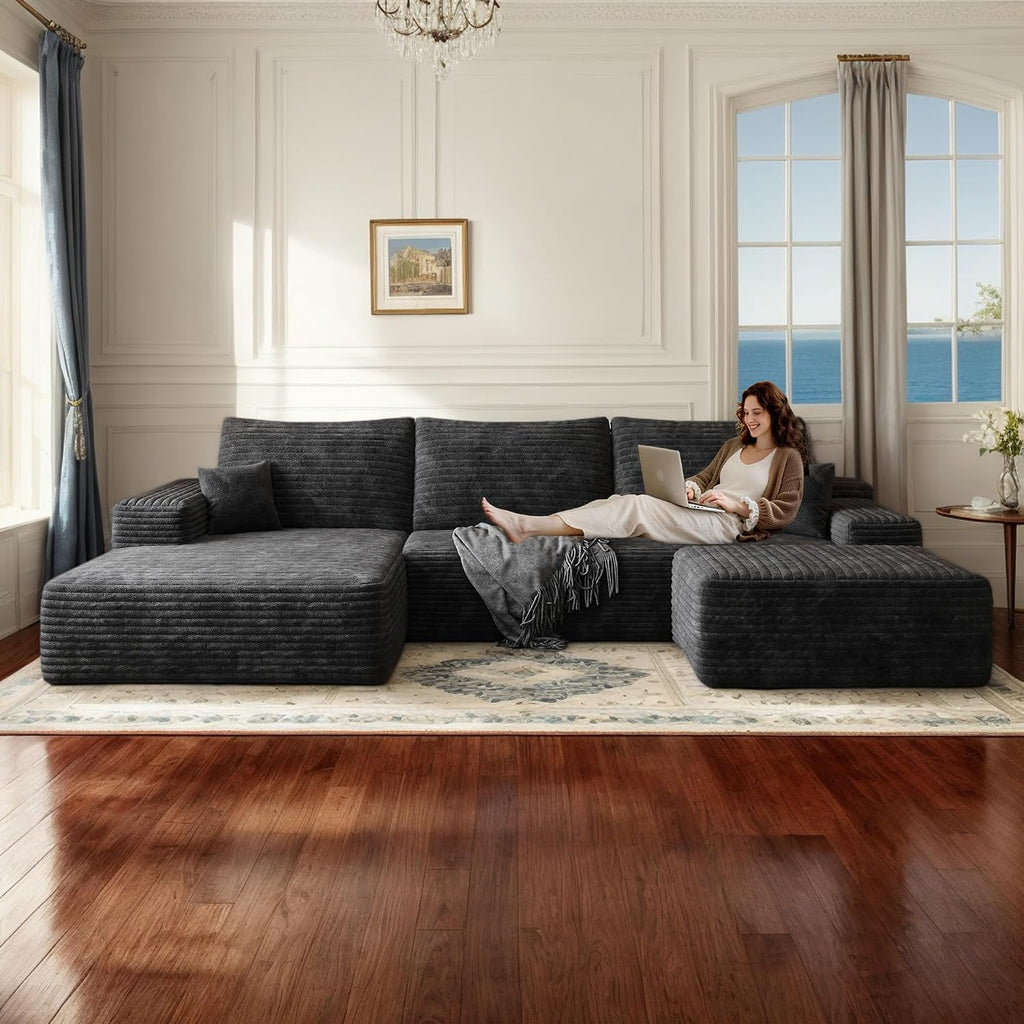 107" W Corduroy Sectional Boneless Cloud Couch with Chaise & Ottoman, No Assembly Required, U Shaped Modular Sectional Sofa, Cozy Fluffy Sofa for Living Room (Black, Left Facing Chaise+Ottoman)