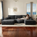 107" W Corduroy Sectional Boneless Cloud Couch with Chaise & Ottoman, No Assembly Required, U Shaped Modular Sectional Sofa, Cozy Fluffy Sofa for Living Room (Black, Left Facing Chaise+Ottoman)