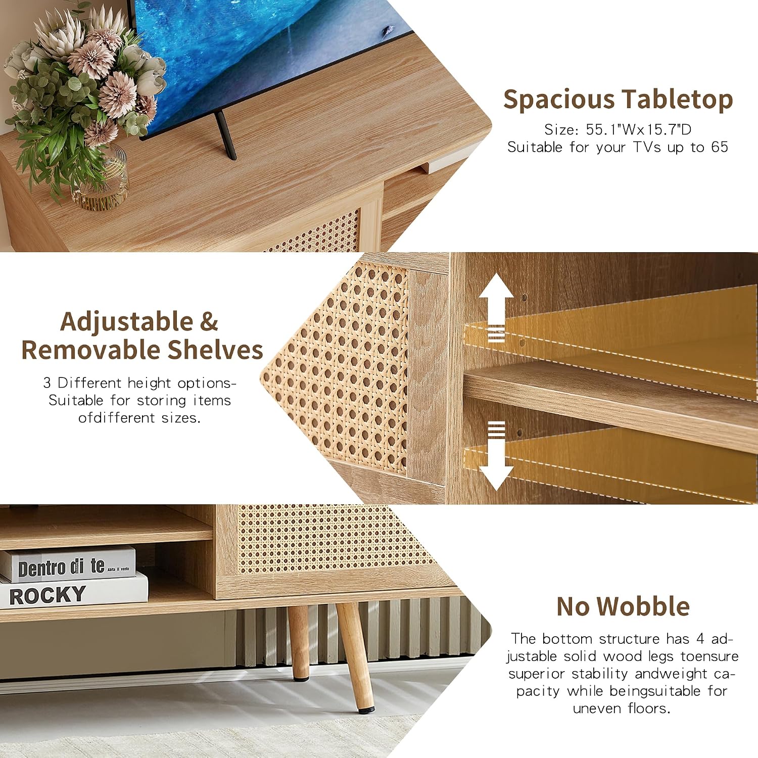 Coffee Table and TV Stand Set of 2, Boho TV Console Coffee Table Set with Sliding Doors, Entertainment Center Set for Living Room (Natural)