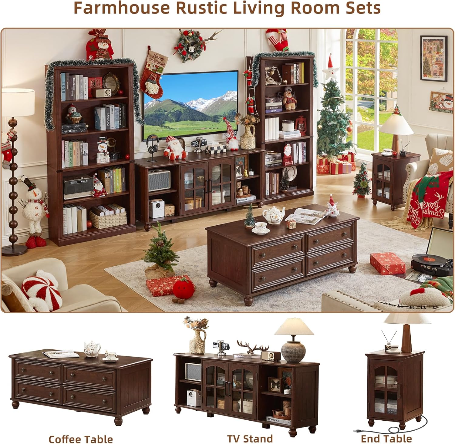 RWYHG Farmhouse TV Stand for 60 Inch TV, Wood Entertainment Center with Adjustable Shelves & Glass Door Storage Cabinet,Television Stands for 65" TVS,TV Console Table for Living Room,Bedroom,Walnut