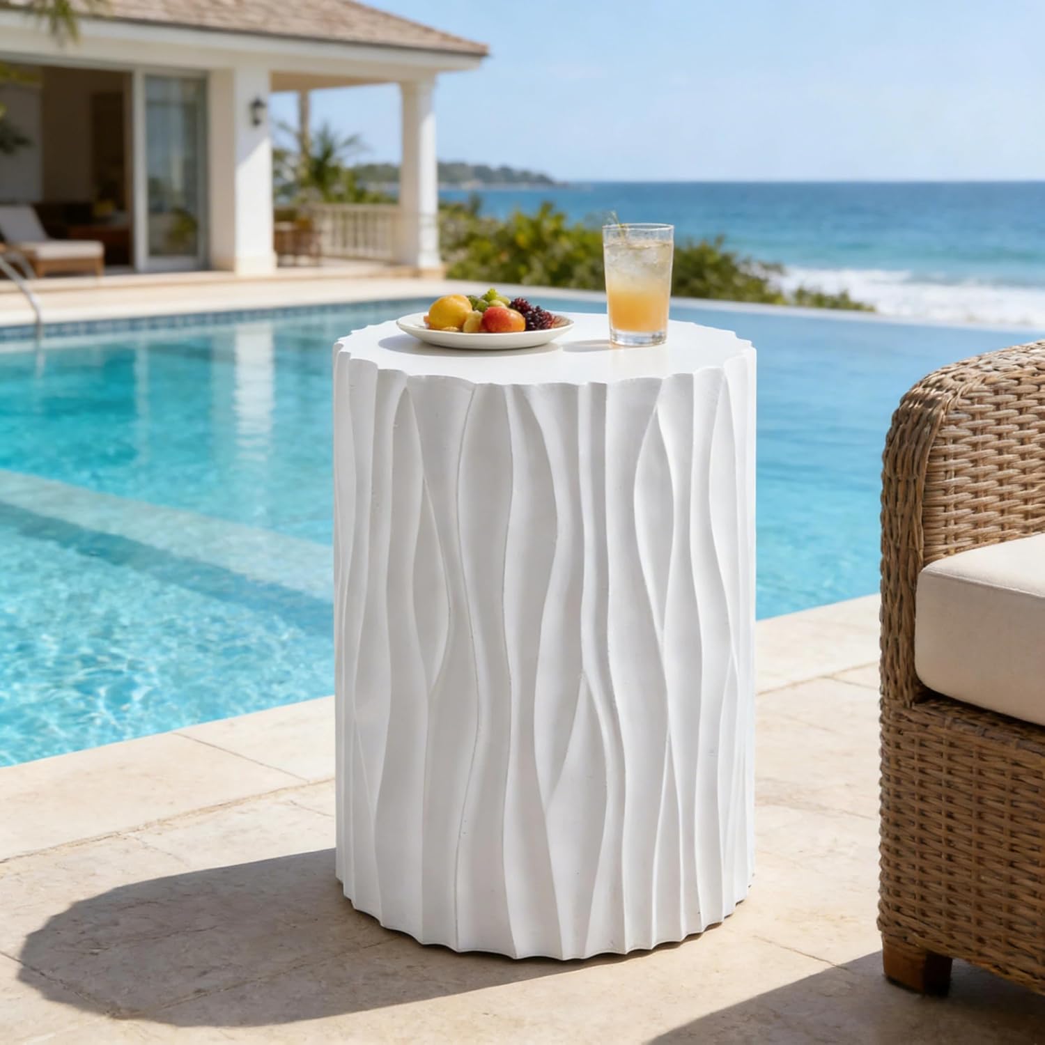 ø15.75'' Faux Stone Round Side Table Circle End Table for Living Room, Modern Unique Wavy Fluted Design, MGO Material for Indoor & Outdoor, No Assembly, White