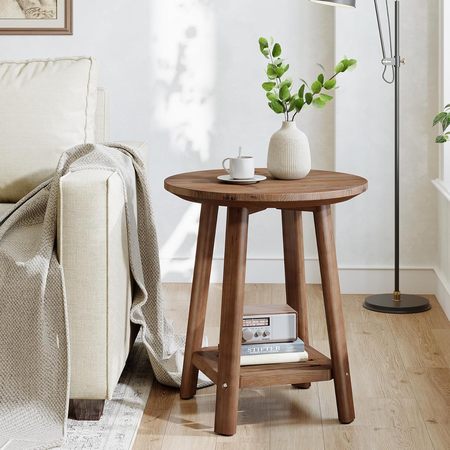 Solid Wood Round Side Table, 2-Tier Small End Table with Storage Shelf, Farmhouse Nightstand for Small Spaces, Living Room, Bedroom, Walnut (1, Walnut)