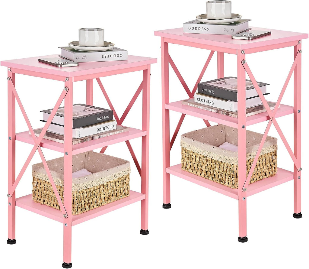 VECELO End Table Set of 2, Nightstand, 24" Tall Living Room Side Tables, X-Design Reinforced Bedside Table, Nightstands with 3-Tier Storage Shelves for Small Spaces, Office, Bathroom, Bedroom, Pink