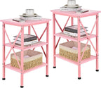 VECELO End Table Set of 2, Nightstand, 24" Tall Living Room Side Tables, X-Design Reinforced Bedside Table, Nightstands with 3-Tier Storage Shelves for Small Spaces, Office, Bathroom, Bedroom, Pink