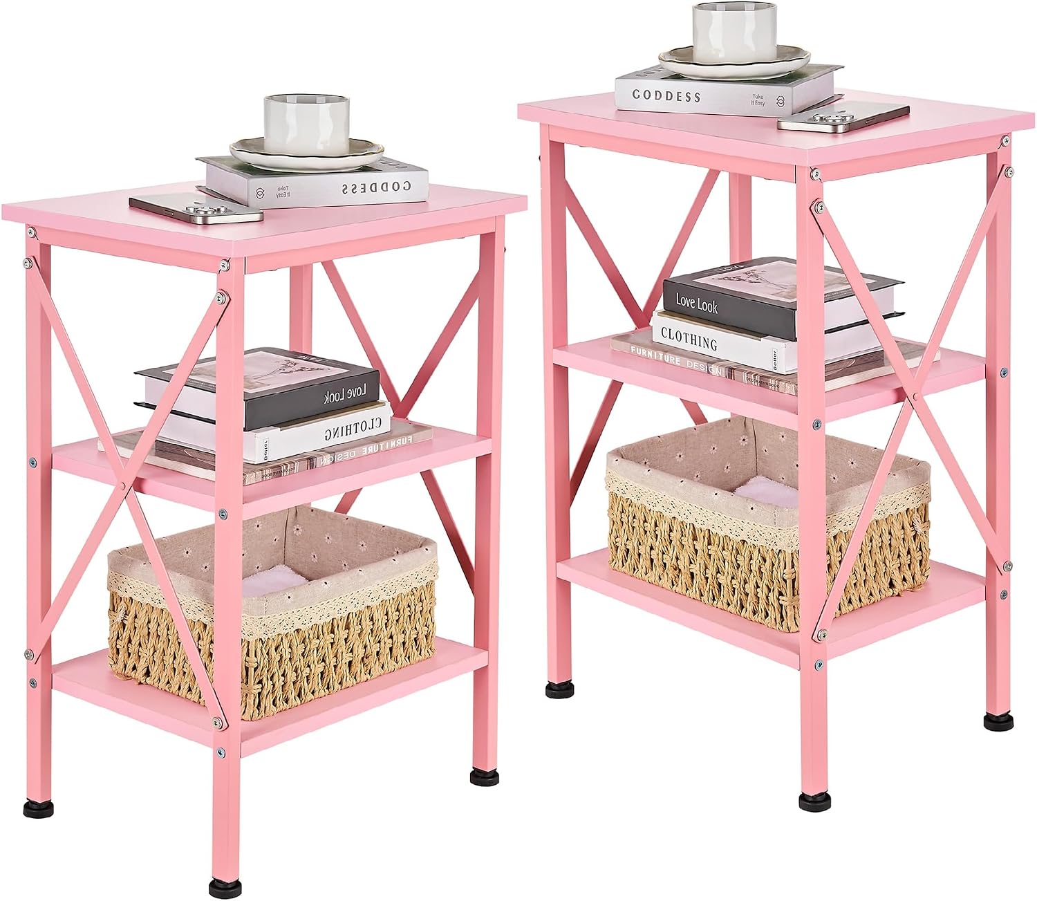 VECELO End Table Set of 2, Nightstand, 24" Tall Living Room Side Tables, X-Design Reinforced Bedside Table, Nightstands with 3-Tier Storage Shelves for Small Spaces, Office, Bathroom, Bedroom, Pink