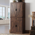 71" Tall Kitchen Pantry Cabinet with 3 Drawers,Farmhouse Storage Cabinet with 6 Barn Door Shelves,with Load-Bearing Steel Pipe and Adjustable Shelves,Pantry Organizer for Kitchen,Living Room(Brown)