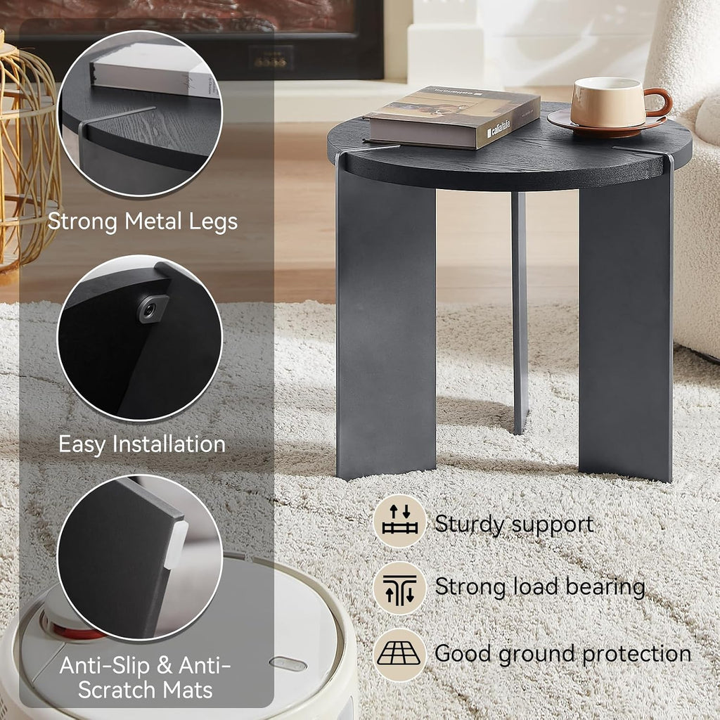 Round Side Table, Walnut End Table with Metal Legs, Small Bedside Table for Small Spaces, Wood Grain Top Accent Table with Non-Slip Feet Pads for Living Room, Bedroom(Black, 19.68" D)