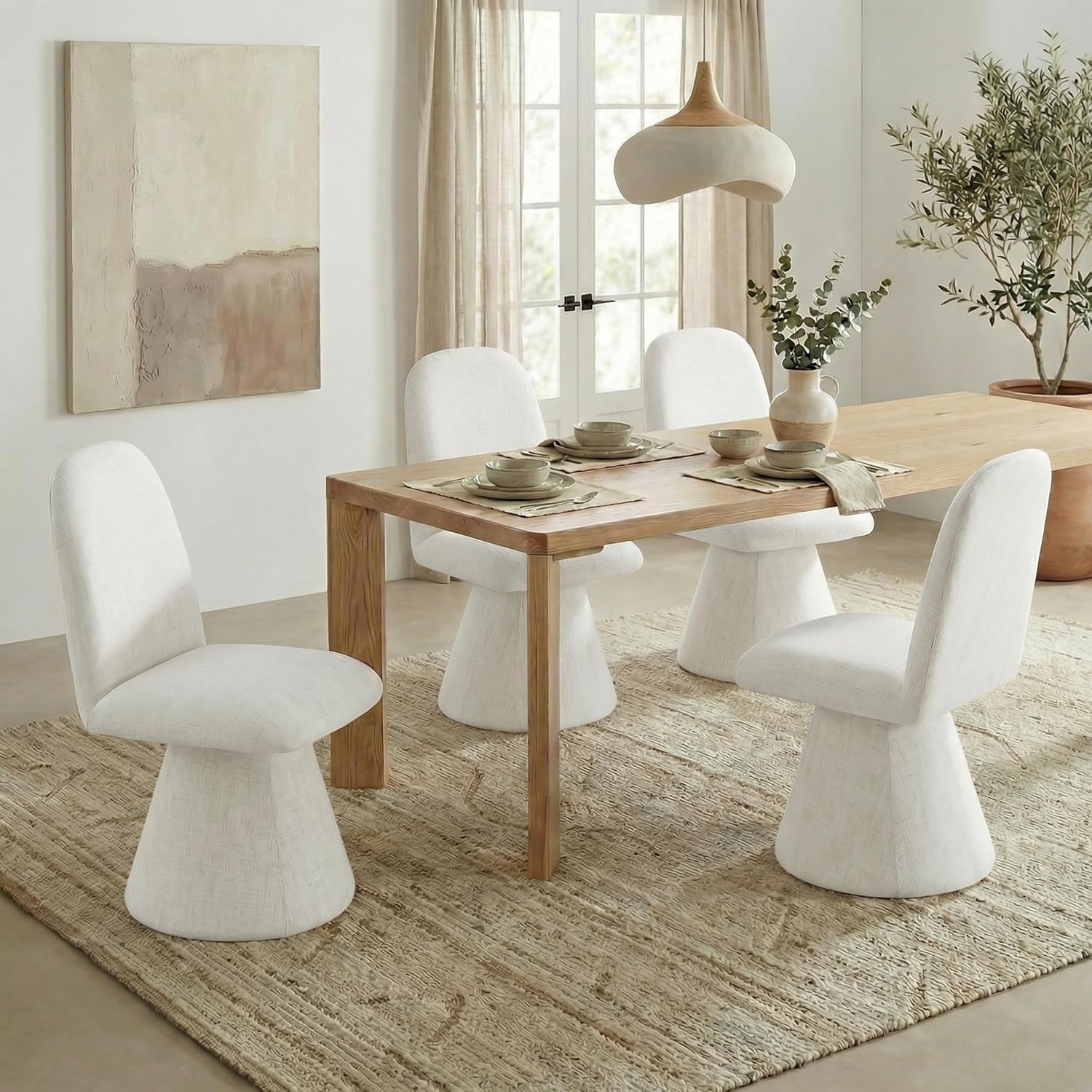 KISLOT Swivel Dining Chairs Set of 4, Modern Upholstered Dining Chair Mid Century Kitchen Chairs with Wave Shaped High Back, 360 Degree Rotating Vanity Chair for Dining Room, Bedroom, Farmhouse, Beige