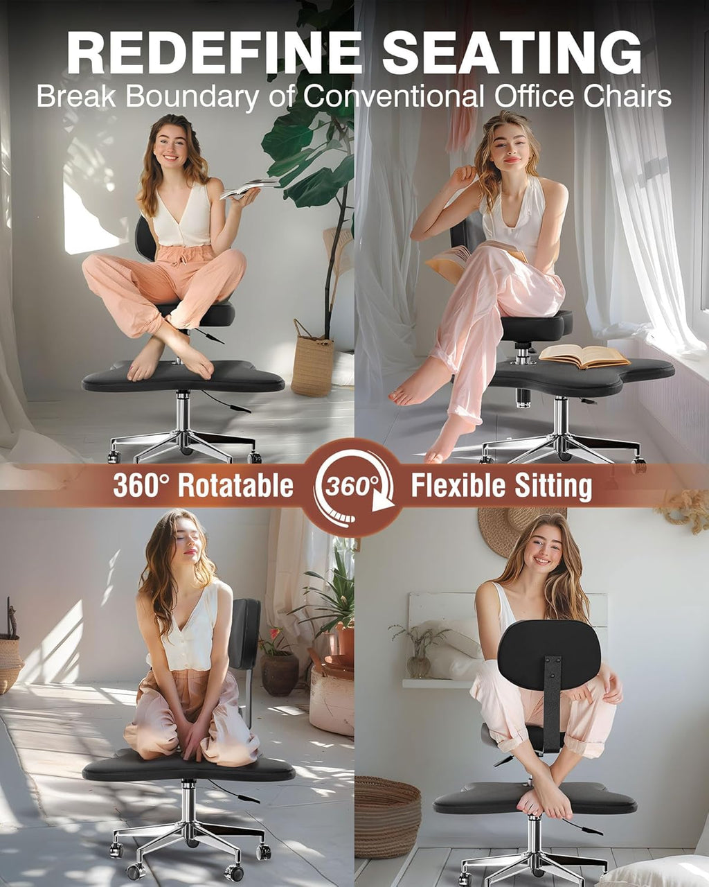 PYY ADHD Chairs for Adults - Meditation Cross Legged Office Chair with Wheels, Ergonomic Fidget Squatting Kneeling Chair with Lumbar Back Support Adjustable Height for Home Office