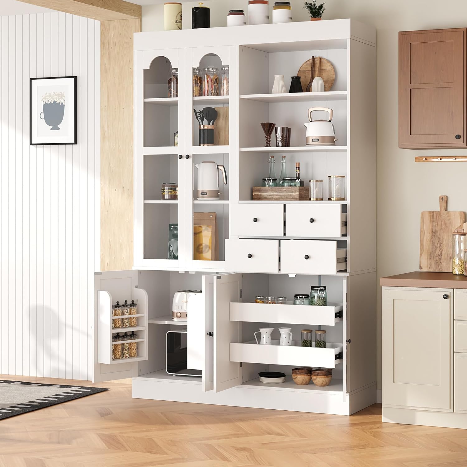 Freestanding Tall Kitchen Pantry Cabinet with 4 Drawers, Door Shelves and Pull-Out Trays, Wood Buffet Cabinet with Hutch with Hutch (White)