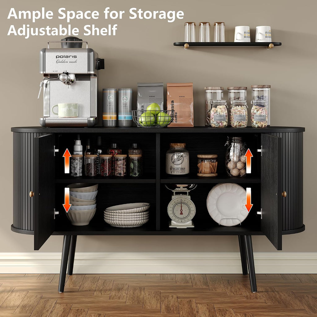 Furniouse 54.4''W Buffet Cabinet with Storage Fluted Sideboard Cabinet with Doors & 4 Shelf Storage for Living Room, Hallway, Kitchen, Black