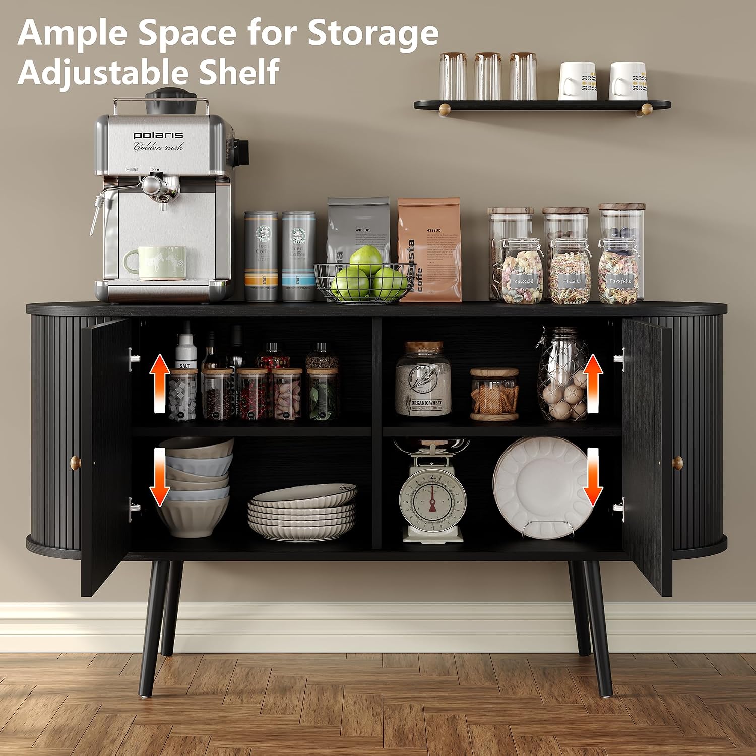 Furniouse 54.4''W Buffet Cabinet with Storage Fluted Sideboard Cabinet with Doors & 4 Shelf Storage for Living Room, Hallway, Kitchen, Black