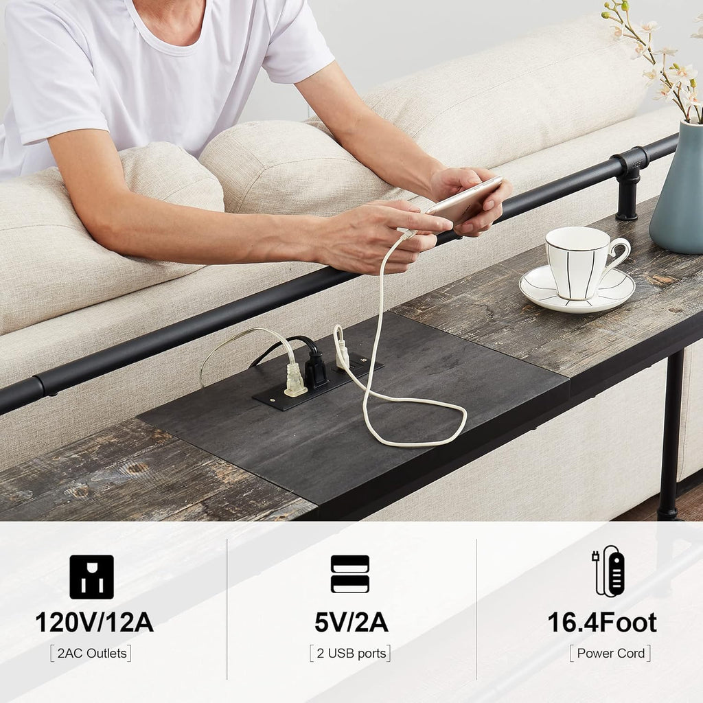 VECELO Narrow Sofa Table with Outlets & USB Ports, Industrial-Style Behind-Couch Table for Entryway, Hallway, Living Room, Bedroom, 55 Inch, Grey Oak