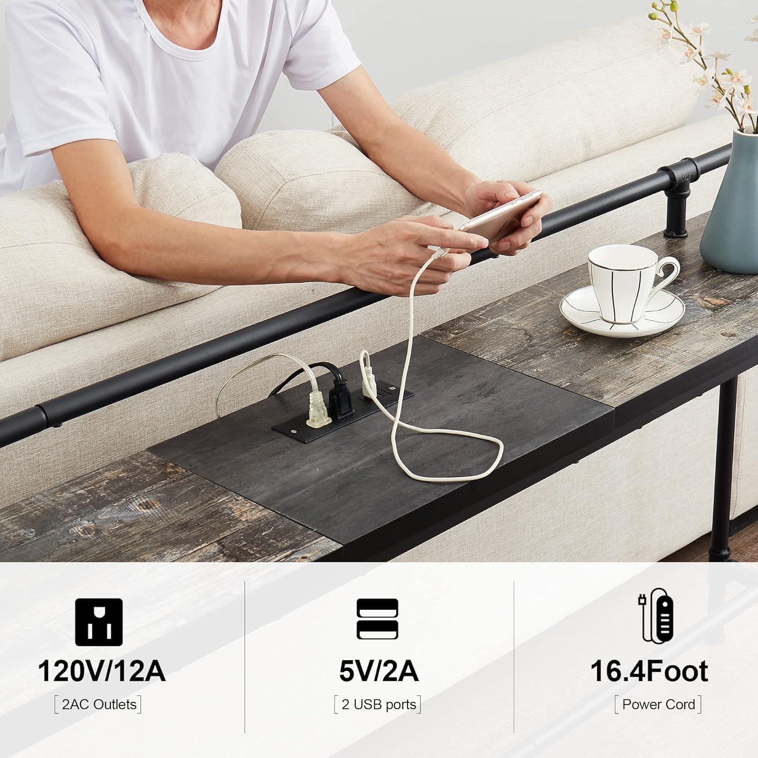 VECELO Narrow Sofa Table with Outlets & USB Ports, Industrial-Style Behind-Couch Table for Entryway, Hallway, Living Room, Bedroom, 55 Inch, Grey Oak
