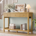 47 Inch Fluted Console Table with Outlets and USB-C Port, Mid Century Modern Sofa Table with 3 Drawers and Open Shelf, Entryway Table with Charging Station for Behind Couch, Hallway, Foyer, Oak