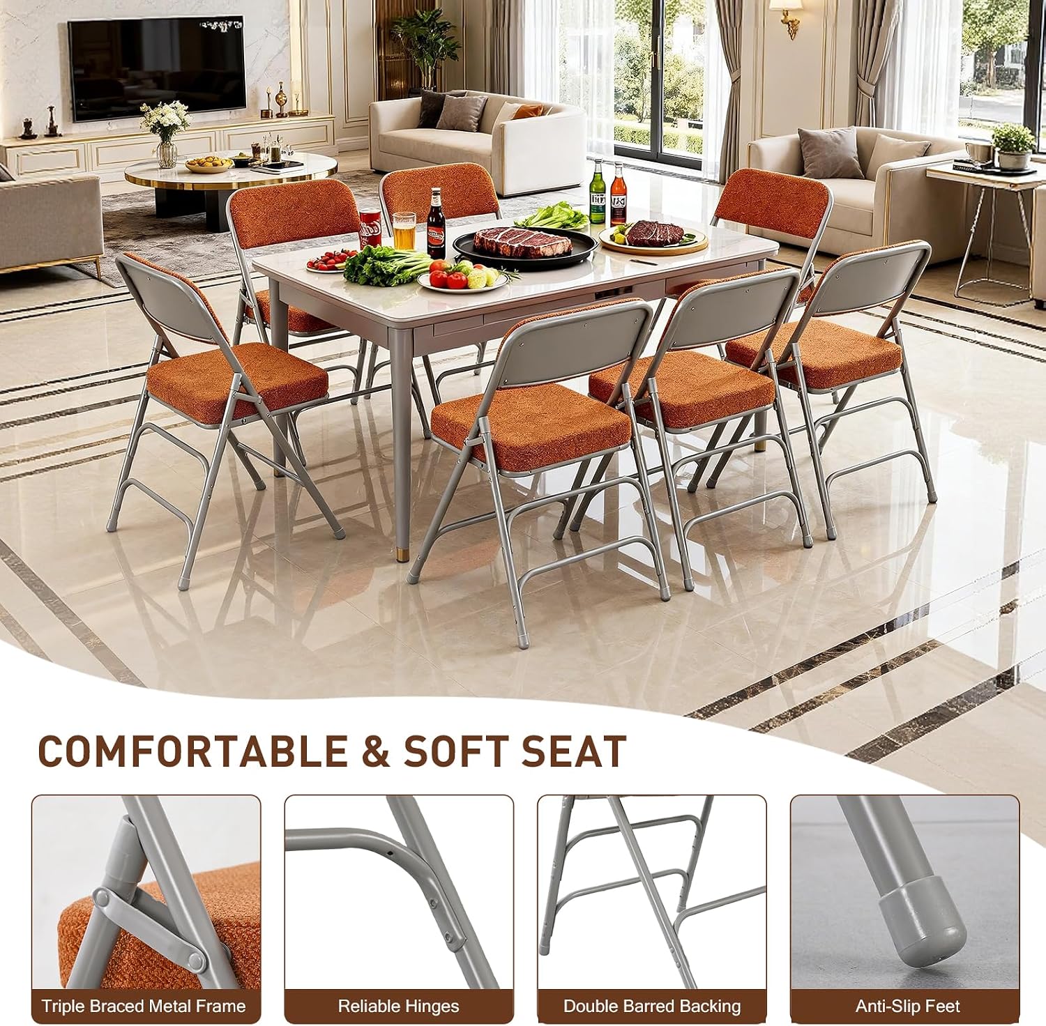 BOOSDEN Thick Padded Folding Chairs, Single Upholstered Foldable Chair, Comfortable Metal Chairs, Folding Chair with Fabric Cushion, Stackable Fold Up Chair for Kitchen Office Wedding Party (Tawny)